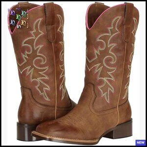 Western Wide Calf Cowgirl Boots Square Toe Embroidered Riding Boots Block Heel